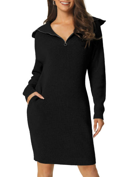 Allegra K- Zipper V Neck Slim Fit Midi Sweater Dress