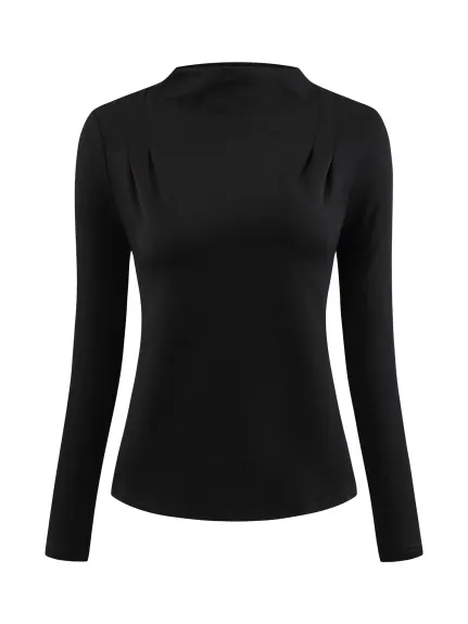 Hobemty - Long Sleeve Mock Neck Pleated Blouse