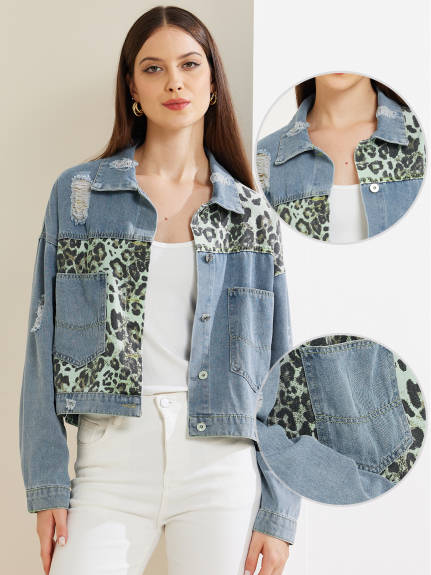 Allegra K - Button Down Cropped Retro Denim Jacket