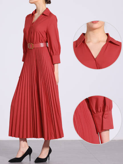 INSPIRE CHIC - V-Neck Belted Formal Maxi Pleated Dress