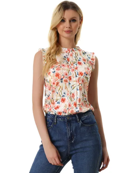 Allegra K- Ruffled Mandarin Collar Sleeveless Pleated Blouse