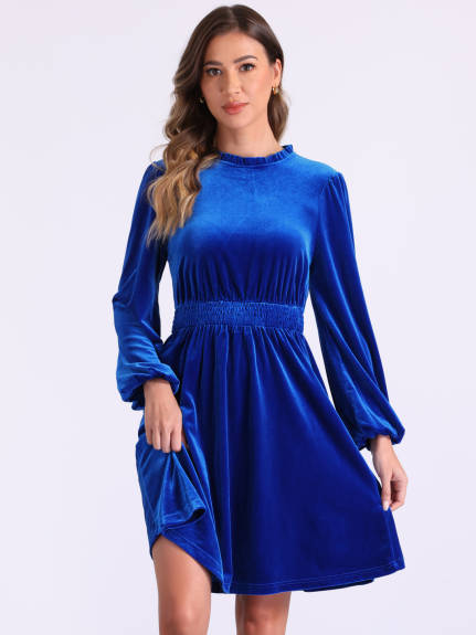 Allegra K - Velvet Smocked Waistline Long Sleeve Dress