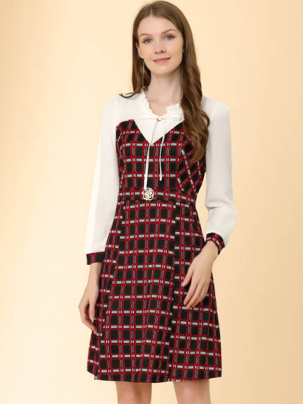 Allegra K- Chiffon Panel Ruffle Tie Collar Plaid Dress