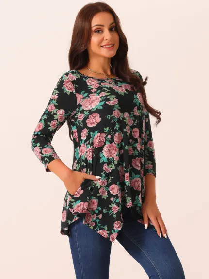 Allegra K - Floral 3/4 Sleeve Asymmetrical Tunic Top