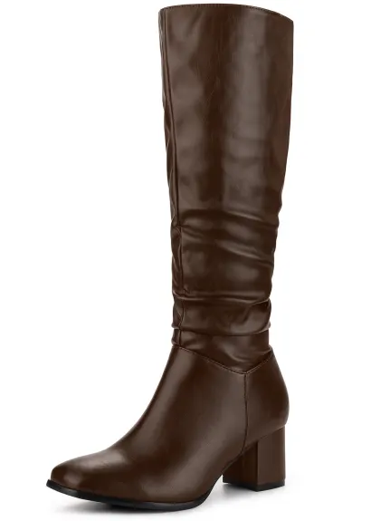 Allegra K - Slouch Square Toe Block Heel Knee High Boots