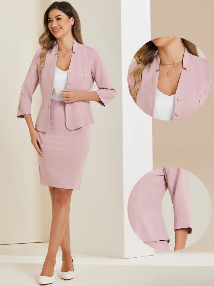 Allegra K - Notched Collar Blazer Midi Pencil Skirt Suit