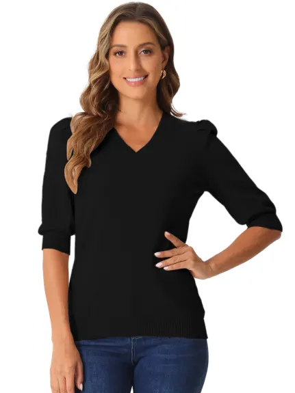 Allegra K - V Neck Puff Sleeve Knit Blouse