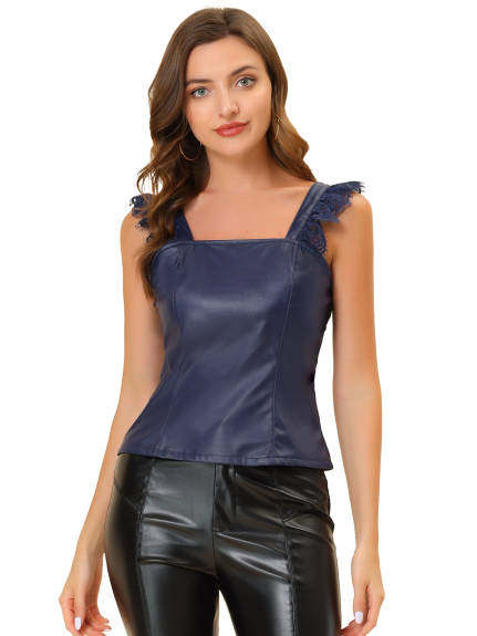 Allegra K- Lace Trim Faux Leather Tank Top