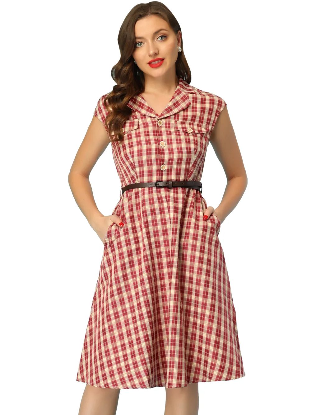 Allegra K- Button Front Retro Cap Sleeve Belted Plaid Dress