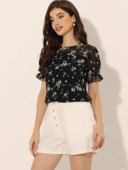 Allegra K- Chiffon Ruffled Trim Floral Blouse