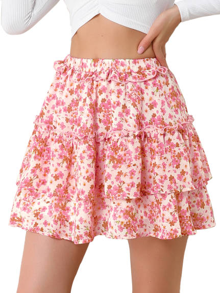 Allegra K- Layered Ruffle Elastic Waist Floral Mini Skirt