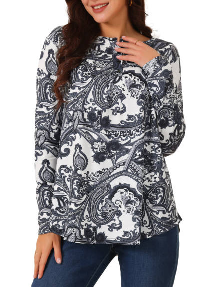 Allegra K - Floral Print Henley V Neck Tunic Top