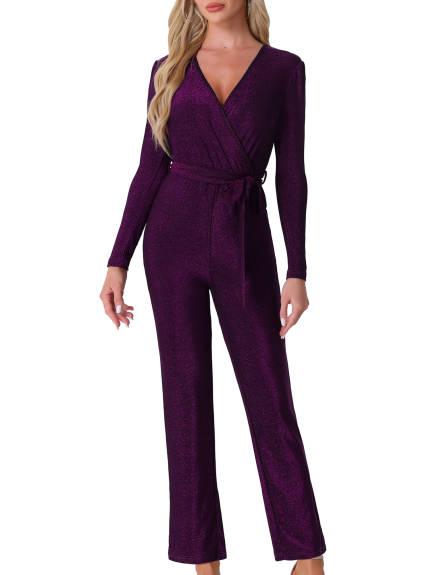 Allegra K - V-Neck Long Sleeve Belted Jumpsuit