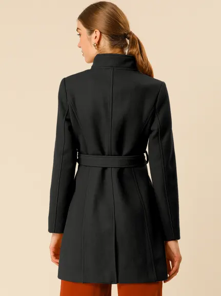 Allegra K- Classic Stand Collar Belted Long Coat