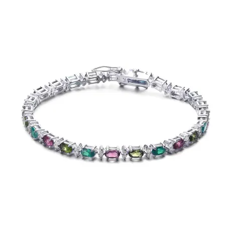 Genevive Sterling Silver White Gold Plated Tennis Bracelet with Colored and Clear Oval Cubic Zirconia in Alternation