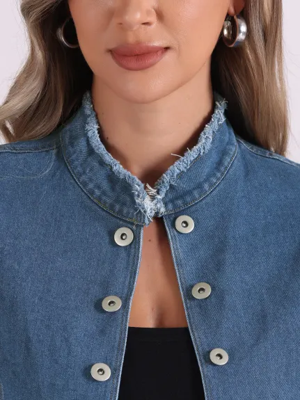 Allegra K - Distressed Stand Collar Denim Jacket