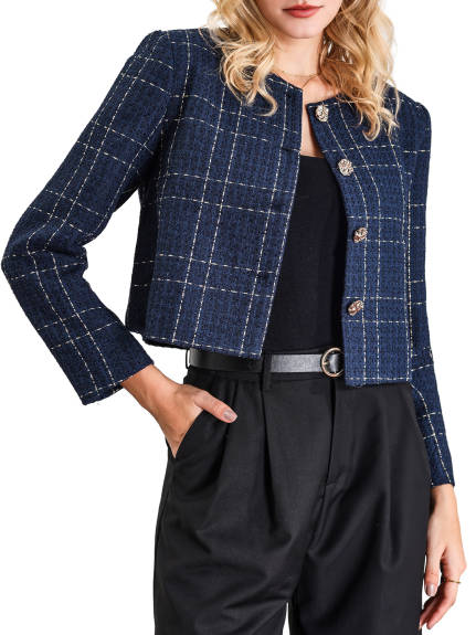 Hobemty - Collarless Button Crop Plaid Blazer