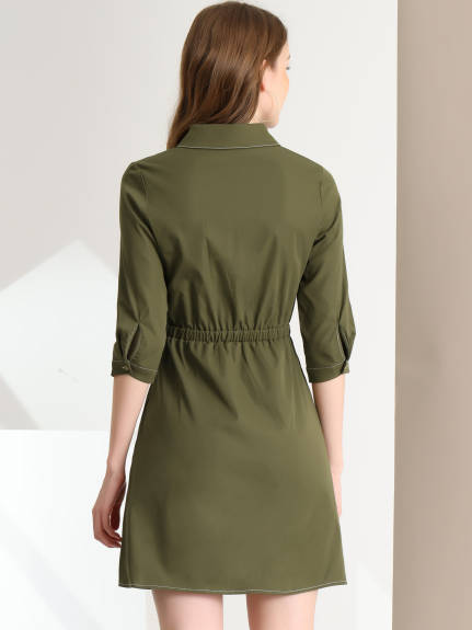 Allegra K- Collared Elastic Waist Utility Safari Shirt Dress