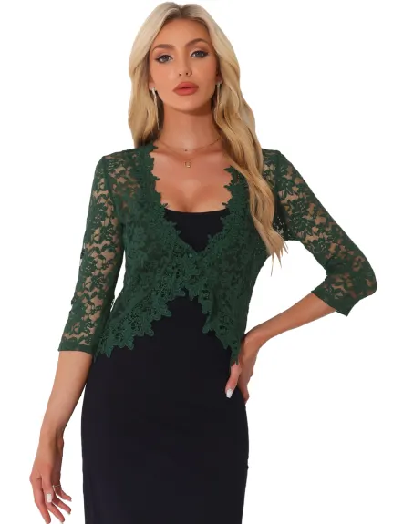 Allegra K- Floral Lace 3/4 Sleeve Bolero Cardigan