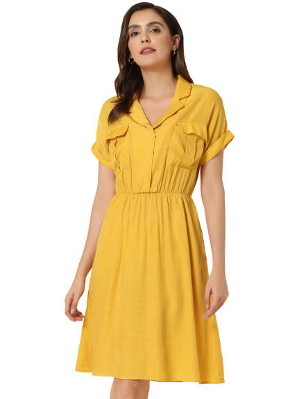 Allegra K- Notched Lapel V-Neck A-Line Shirt Dress