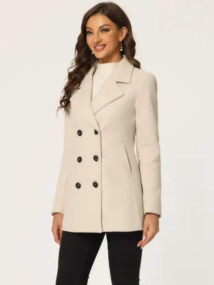 Allegra K- Notched Lapel Double-Breasted Overcoat