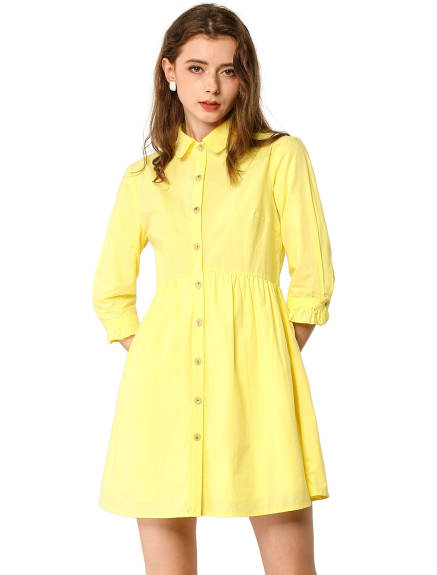 Allegra K- 3/4 Sleeve Button Up Flare Shirt Dress