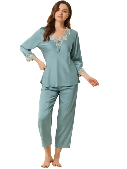 Allegra K - Lace Trim Solid Pajama Sets