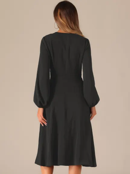 Allegra K - Twist Front Puff Sleeve Midi Dress