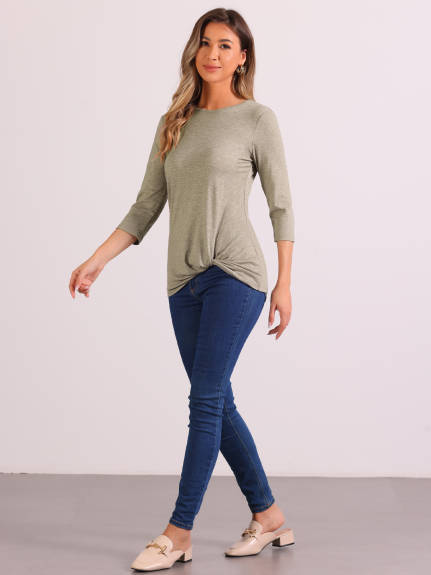 Allegra K - Twist Knot 3/4 Sleeve Casual T-Shirt