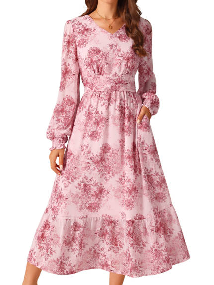 Allegra K - Long Sleeve Chiffon Flowy Floral Dress