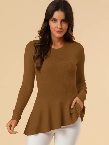 Allegra K- Ribbed Irregular Curved Hem Peplum Knit Top