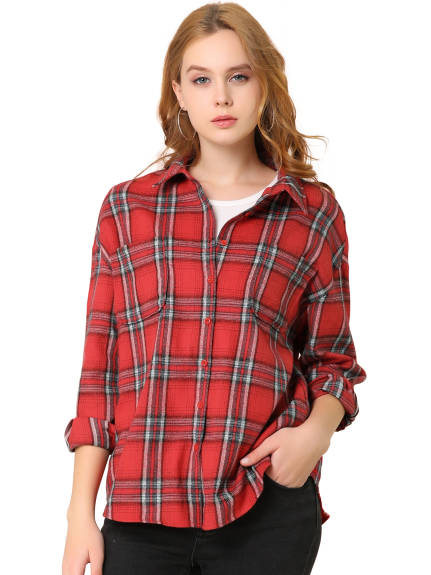 Allegra K- Button Down Pocket Oversized Plaid Shirt