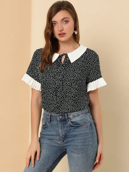 Allegra K- Contrast Doll Collar Polka Dots Blouse