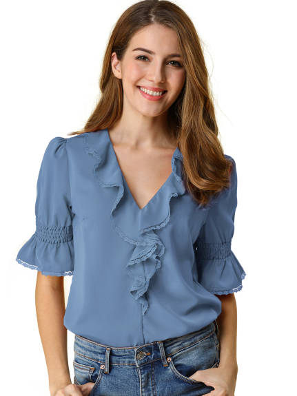 Allegra K- Ruffled V Neck Puff Elbow Sleeve Chiffon Blouse