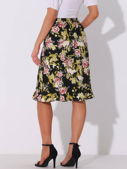 Allegra K- Floral Ruffle A-Line Split Midi Skirt