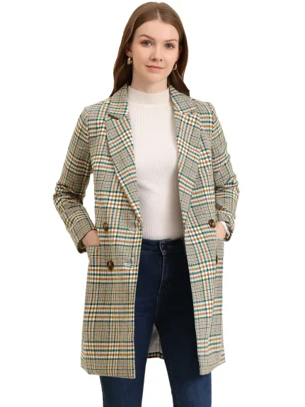 Allegra K- Notched Lapel Double Breasted Plaid Blazer