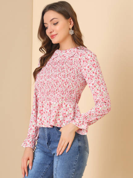 Allegra K - Peter Pan Collar Chiffon Floral Smocked Top