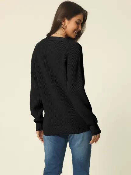 Allegra K - Haut pull en tricot côtelé boutonné à col en V