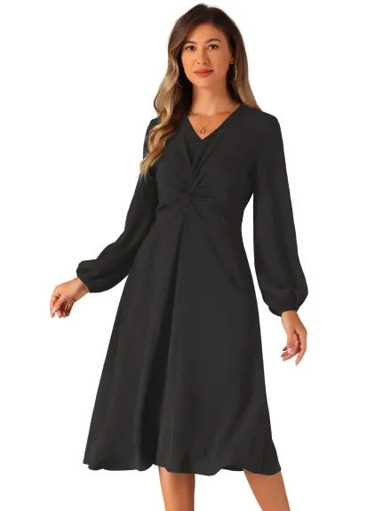 Allegra K - Twist Front Puff Sleeve Midi Dress