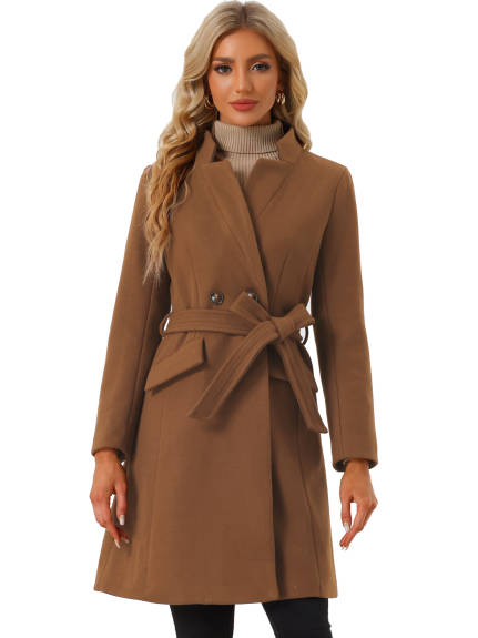 Allegra K - Stand Collar Mid-Long Belted Overcoat