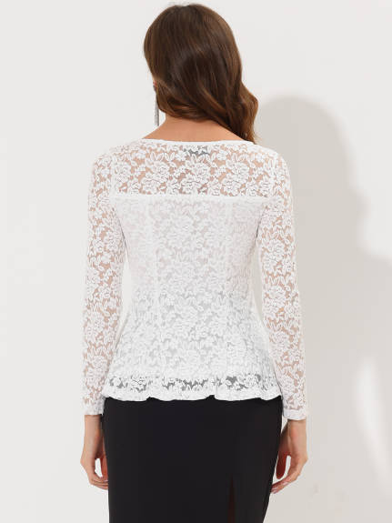 Allegra K - Long Sleeve Lace Sheer Peplum Top