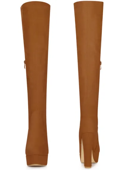 Allegra K- Block High Heel Platform Solid Thigh High Boots