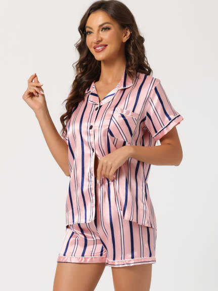 cheibear - Floral Button Down Shirt and Shorts Satin Sleepwear