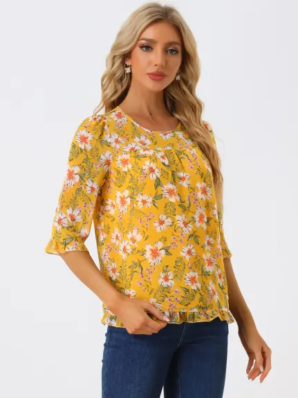 Allegra K- Floral Ruffled 3/4 Sleeve Chiffon Blouses