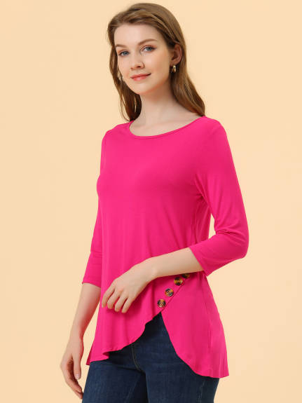 Allegra K- 3/4 Sleeve Tunic Asymmetry Button Top