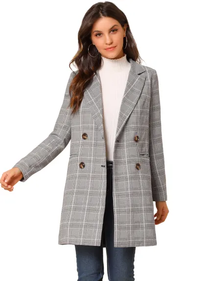 Allegra K- Notched Lapel Double Breasted Plaid Blazer