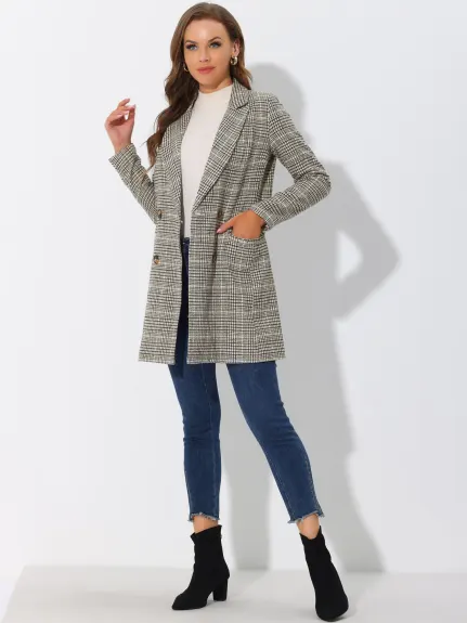 Allegra K- Notched Lapel Double Breasted Plaid Blazer