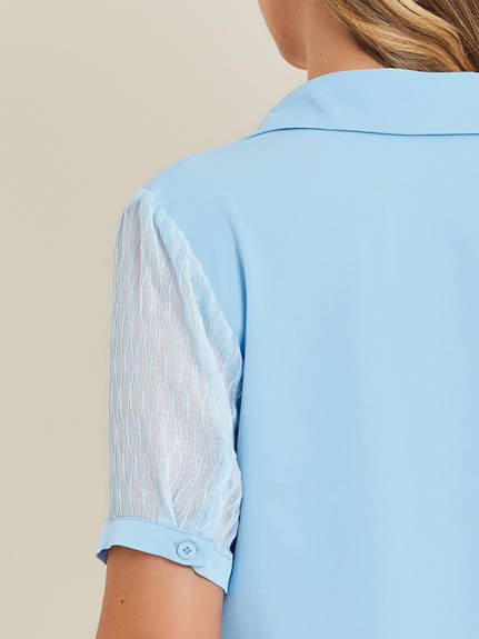 Allegra K- Button Down Sheer Point Collar Top