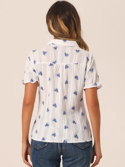 Allegra K - Frilled Short Sleeve Floral Cotton Shirt