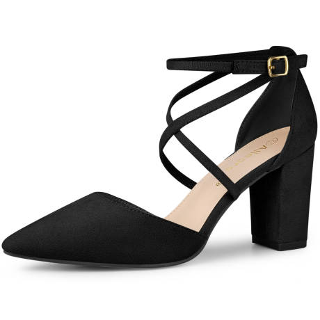 Allegra K - Pointed Toe Cross Strap Block Heel Pump